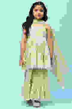 Green Cotton Floral Printed Strappy Peplum Suit Set image number 0