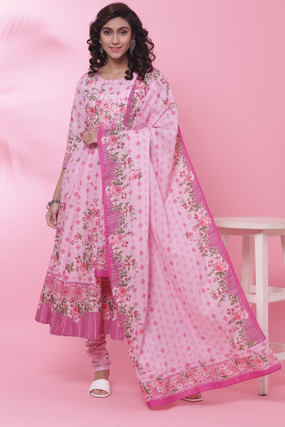 Aqua Blue Cotton Anarkali Kurta Churidar Suit Set image number 5