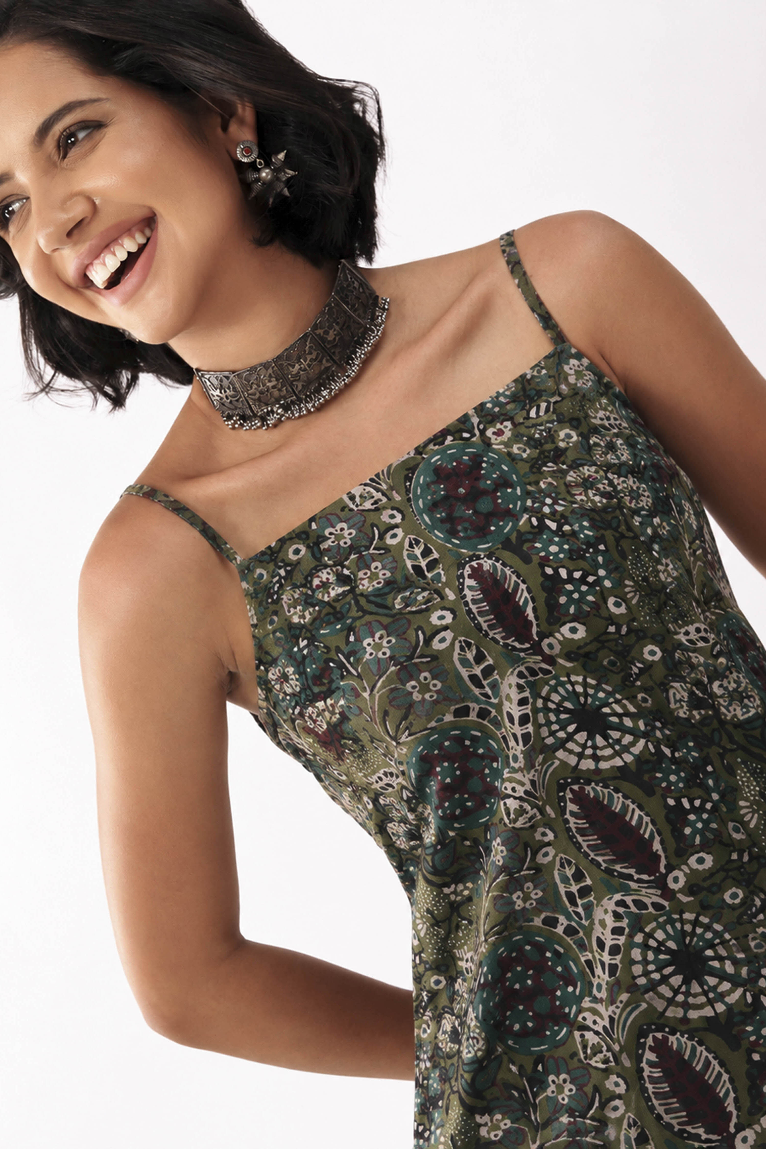 Green Cotton Geometric Printed Lace-Up Kurti image number 1