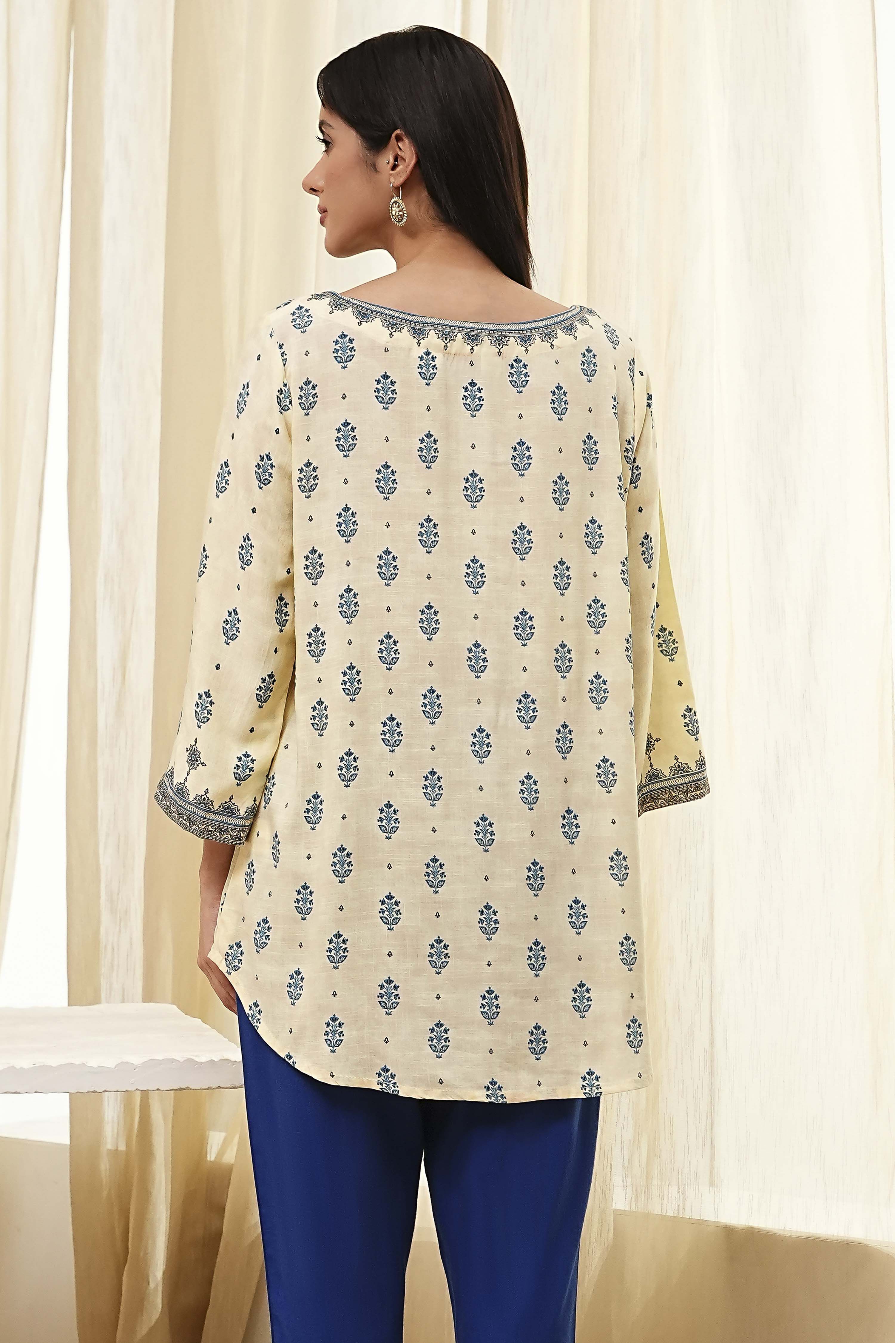 Beige Printed Straight Short Kurta image number 3