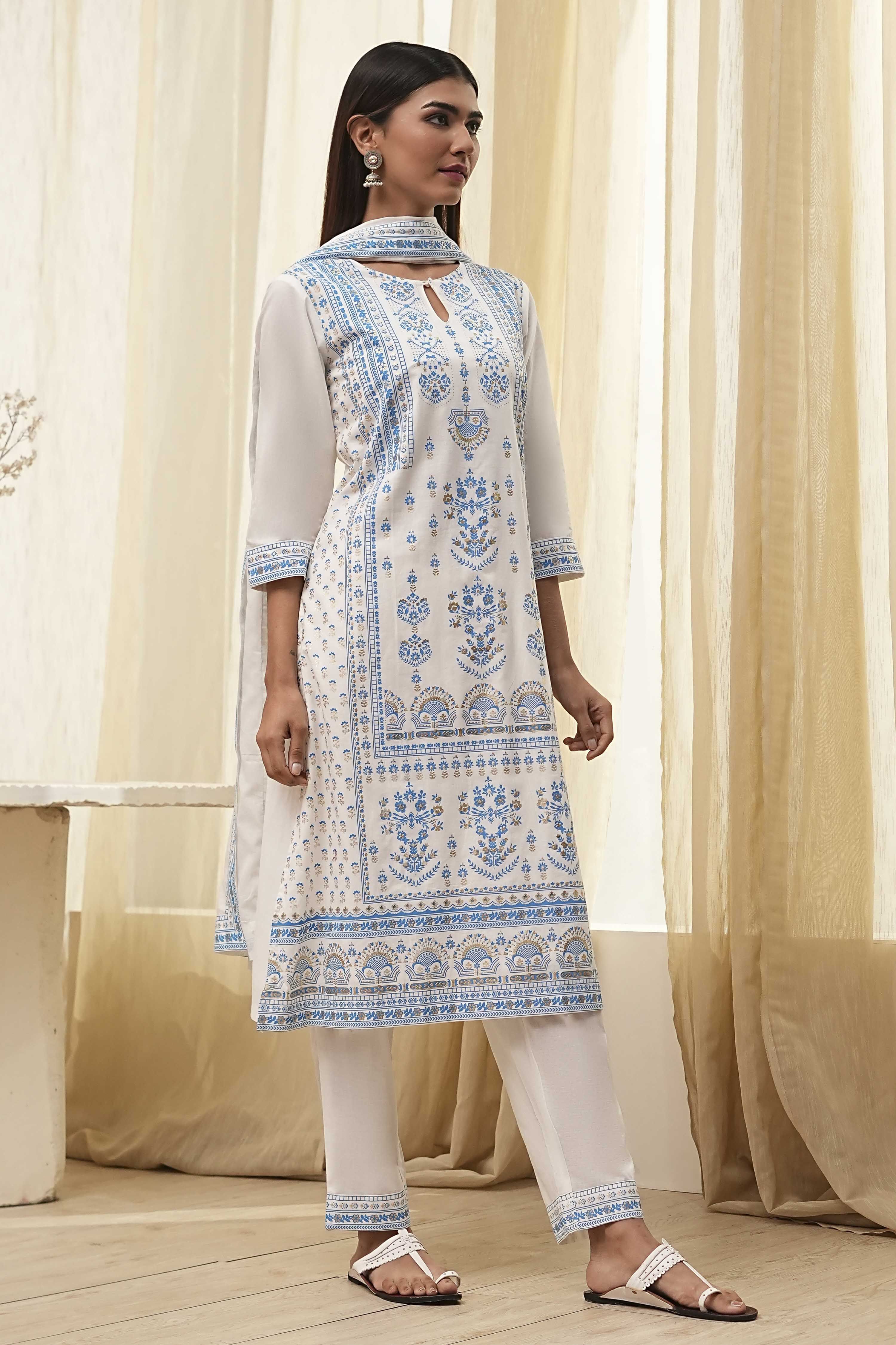 Off-White and Pink Cotton Straight Suit Set image number 5