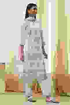 Off-White and Blue Cotton Straight Suit Set image number 5