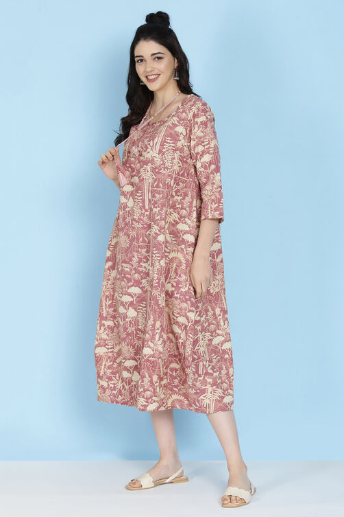 Mauve Cotton Flax Printed Kurta Dress image number 2