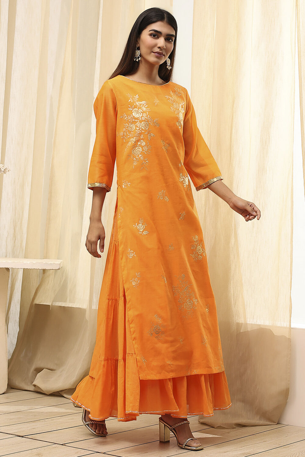 Orange Poly Chanderi Layered Tiered Dress image number 4