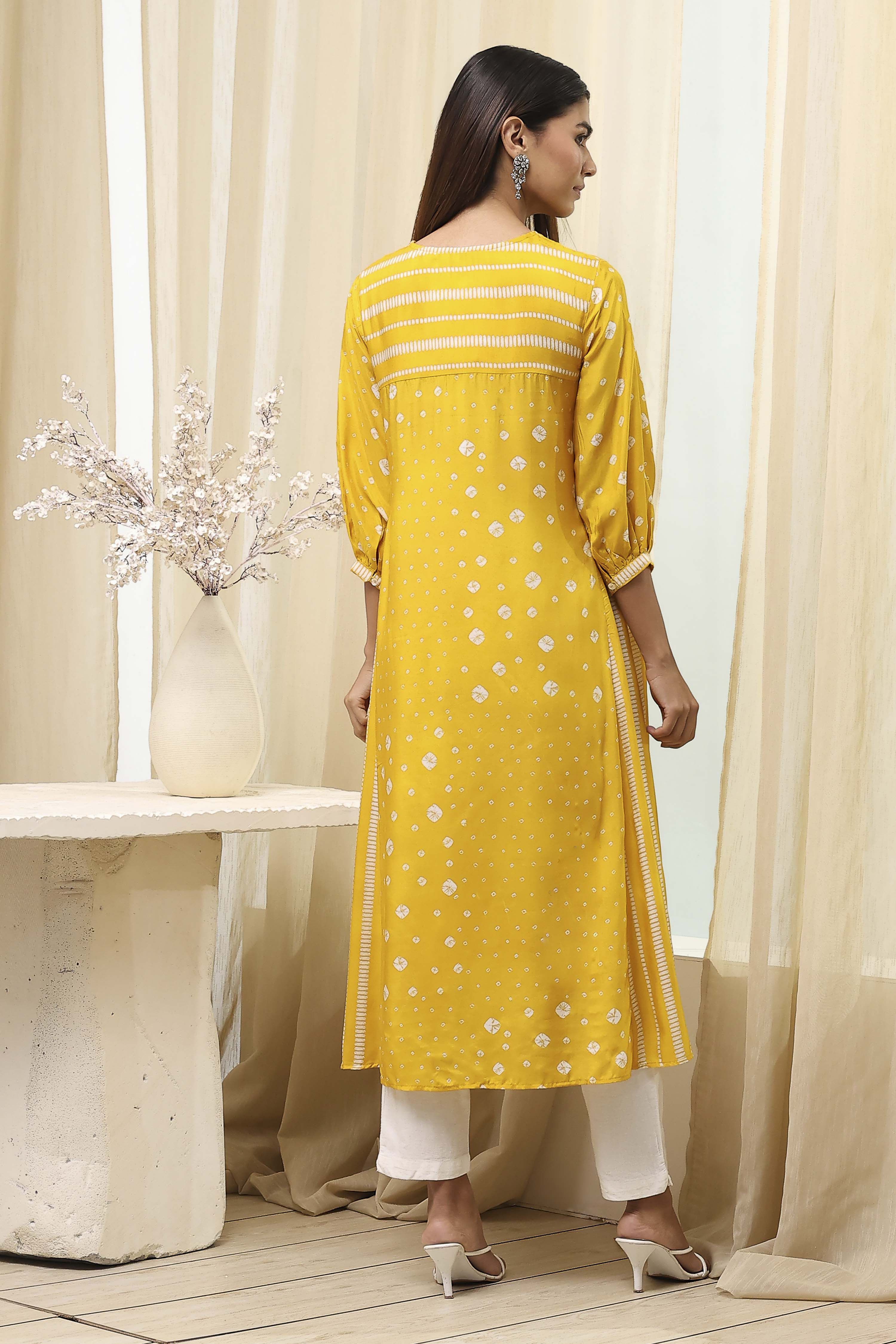 Mustard Yellow Modal Printed A-Line Kurta image number 3