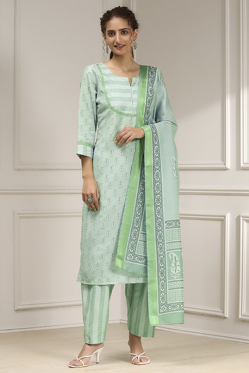 Beige Cotton Modal Digital Print Unstitched Suit Set image number 1