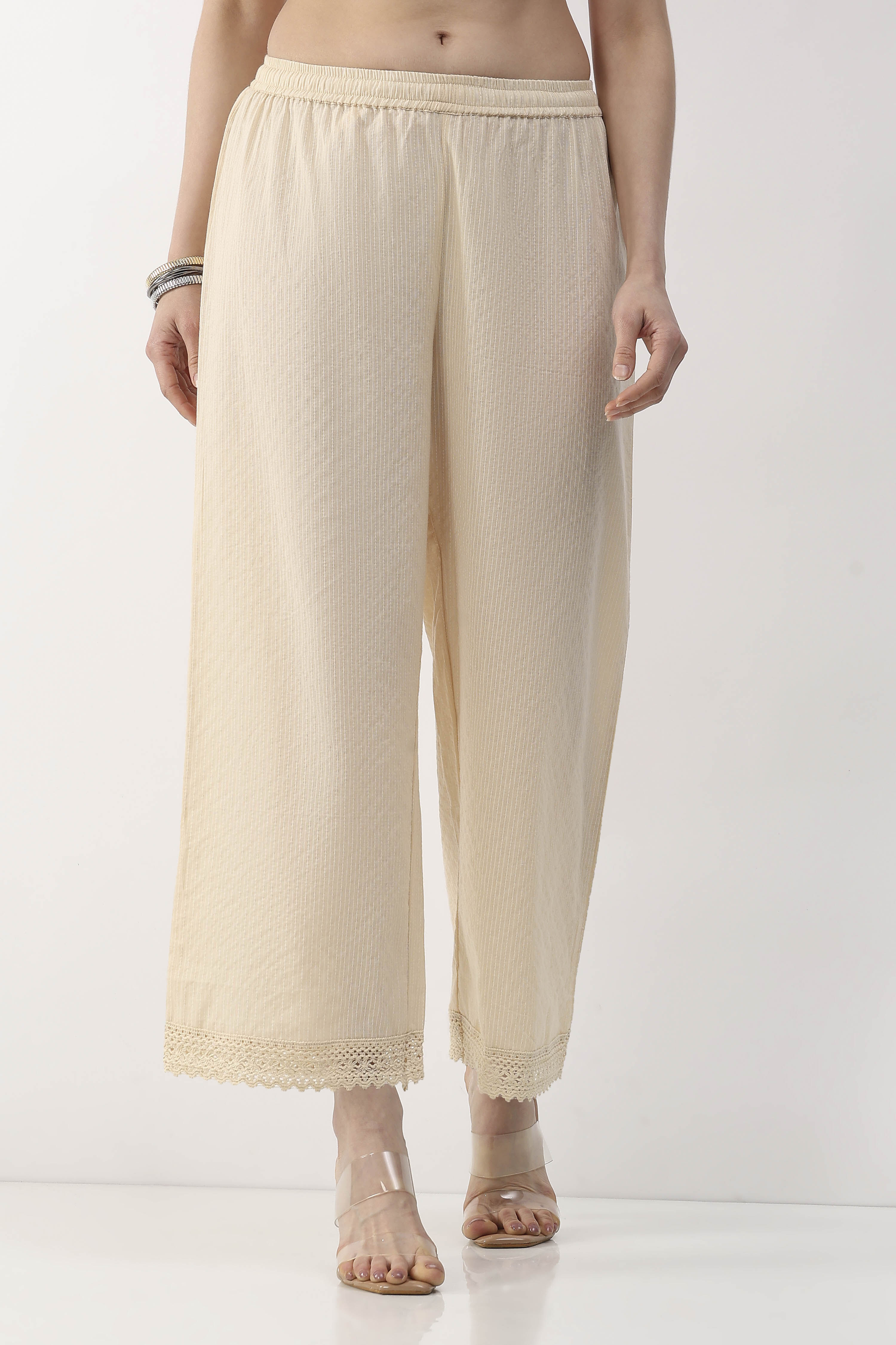 Beige Cotton Straight Palazzos image number 5