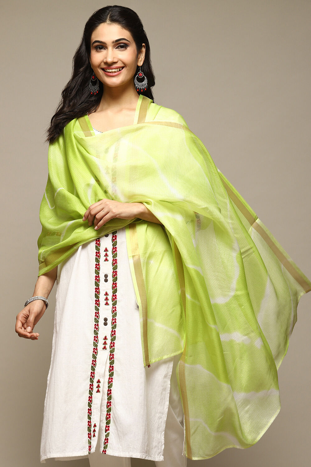 Lime Green Cotton Blend Printed Dupatta image number 1