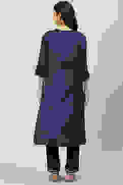 Navy Blue LIVA Metallic Straight Kurta Pants Suit Set image number 4