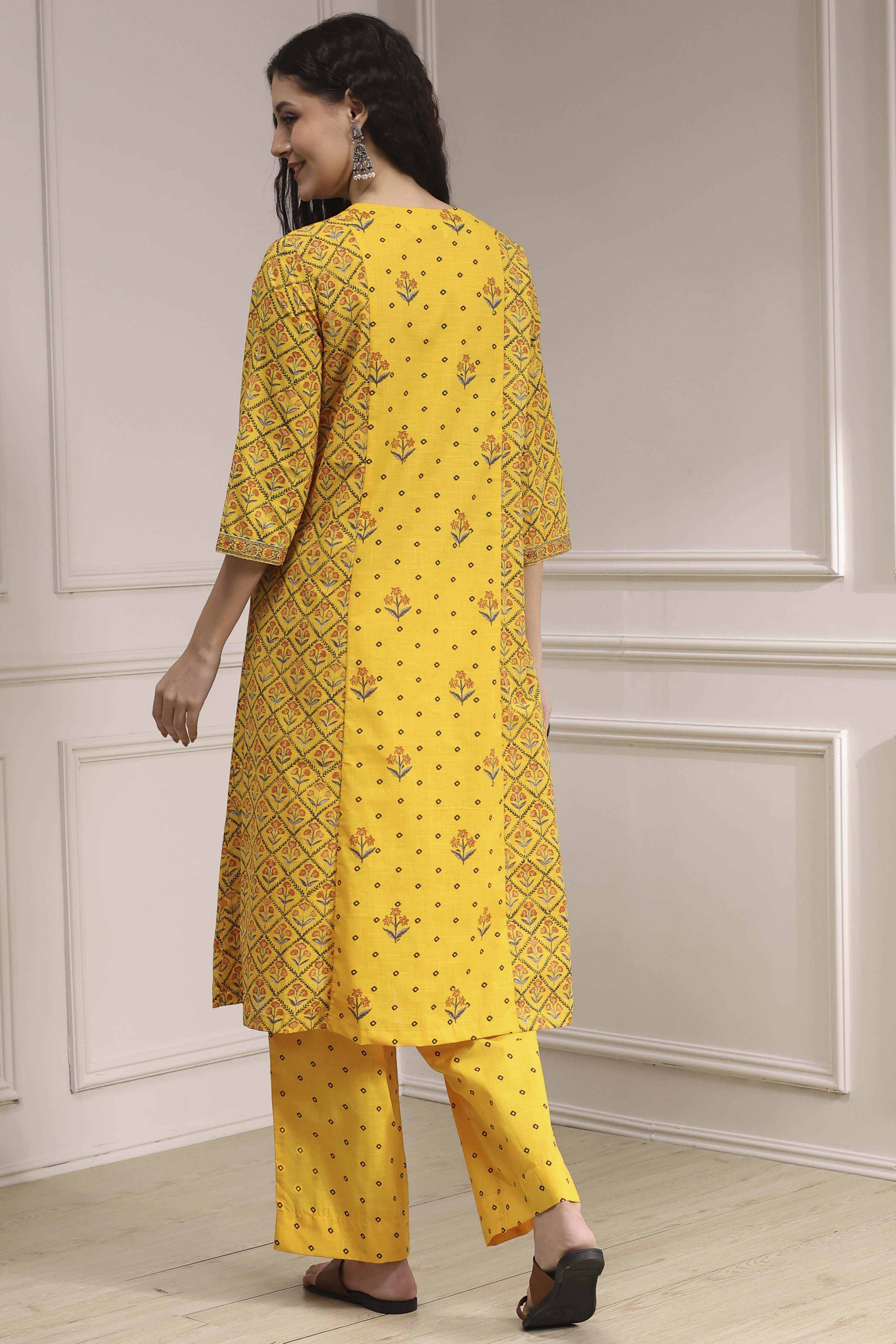 Beige Cotton Printed A-Line Suit Set image number 4