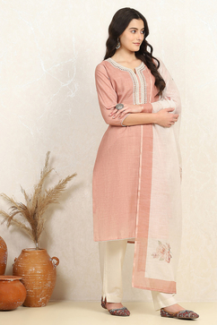 Peach Cotton Unstitched Suit Set image number 6