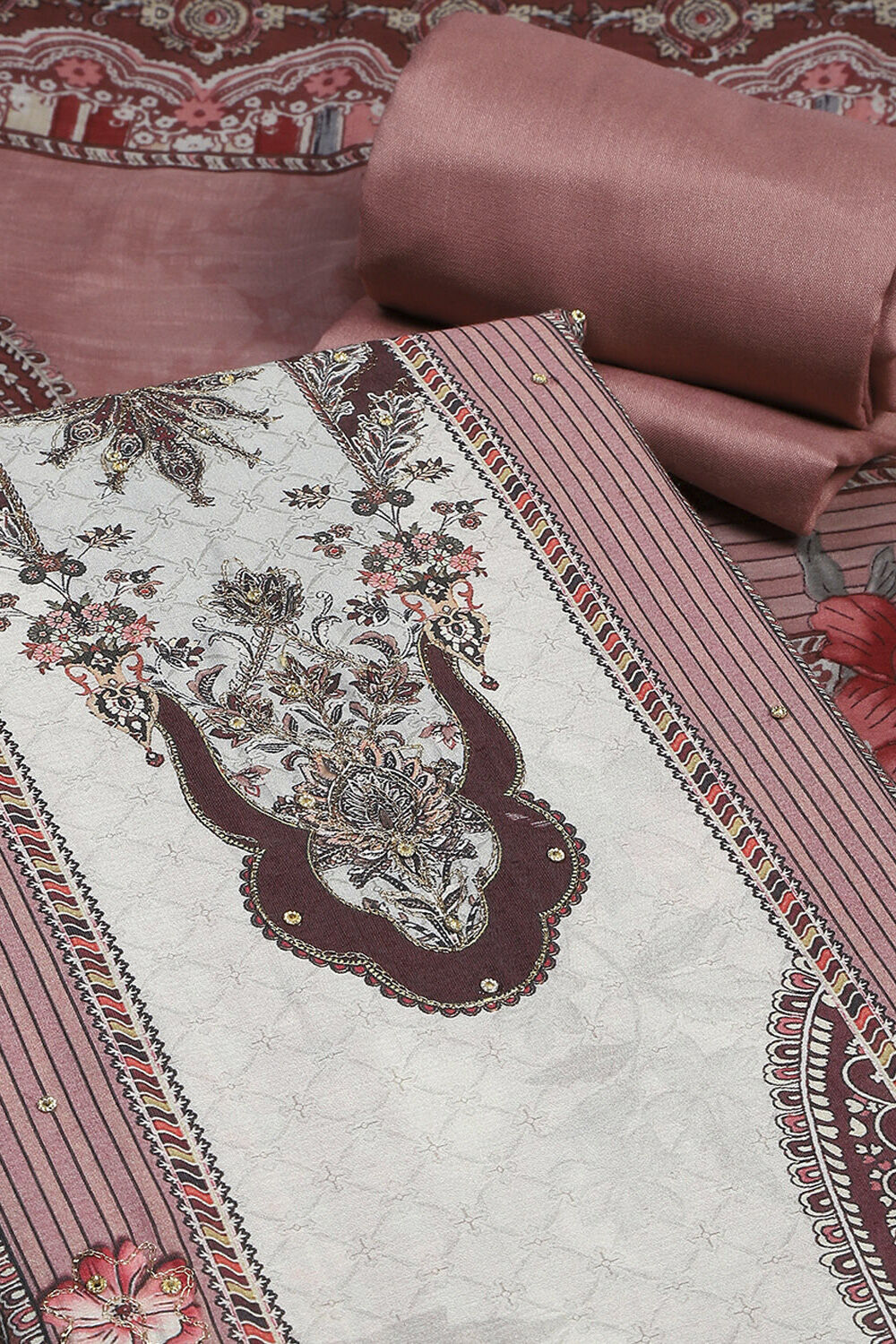 Wine Muslin Unstitched Suit Set image number 4