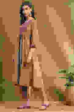 Khaki Cotton Embroidered Gathered Kurta Set image number 3