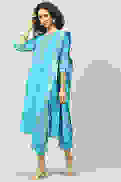 Turquoise Cotton Straight Kurta Slim Pants Suit Set image number 5