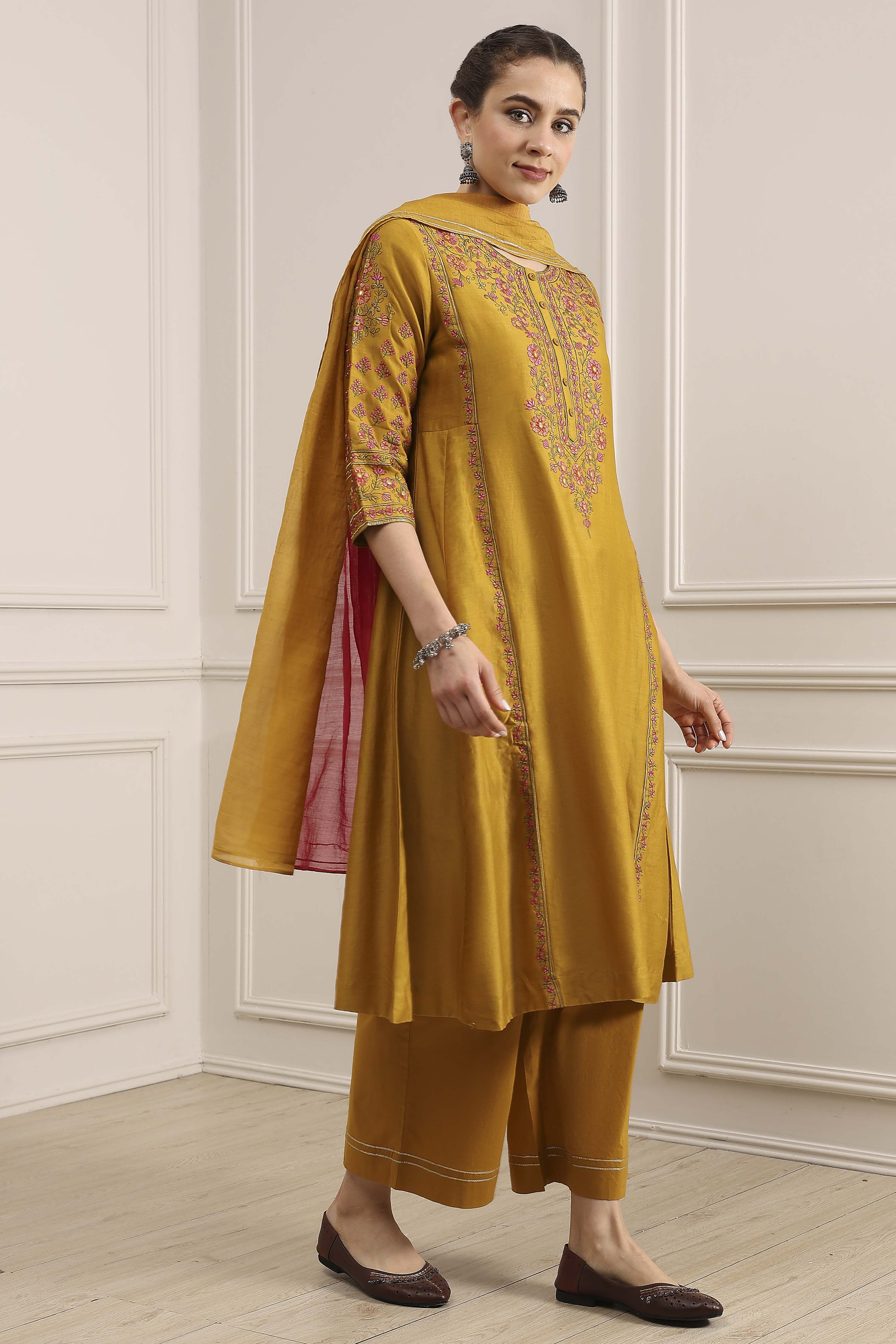 Mustard Yellow Cotton Embroidered Kalidar Suit Set image number 5