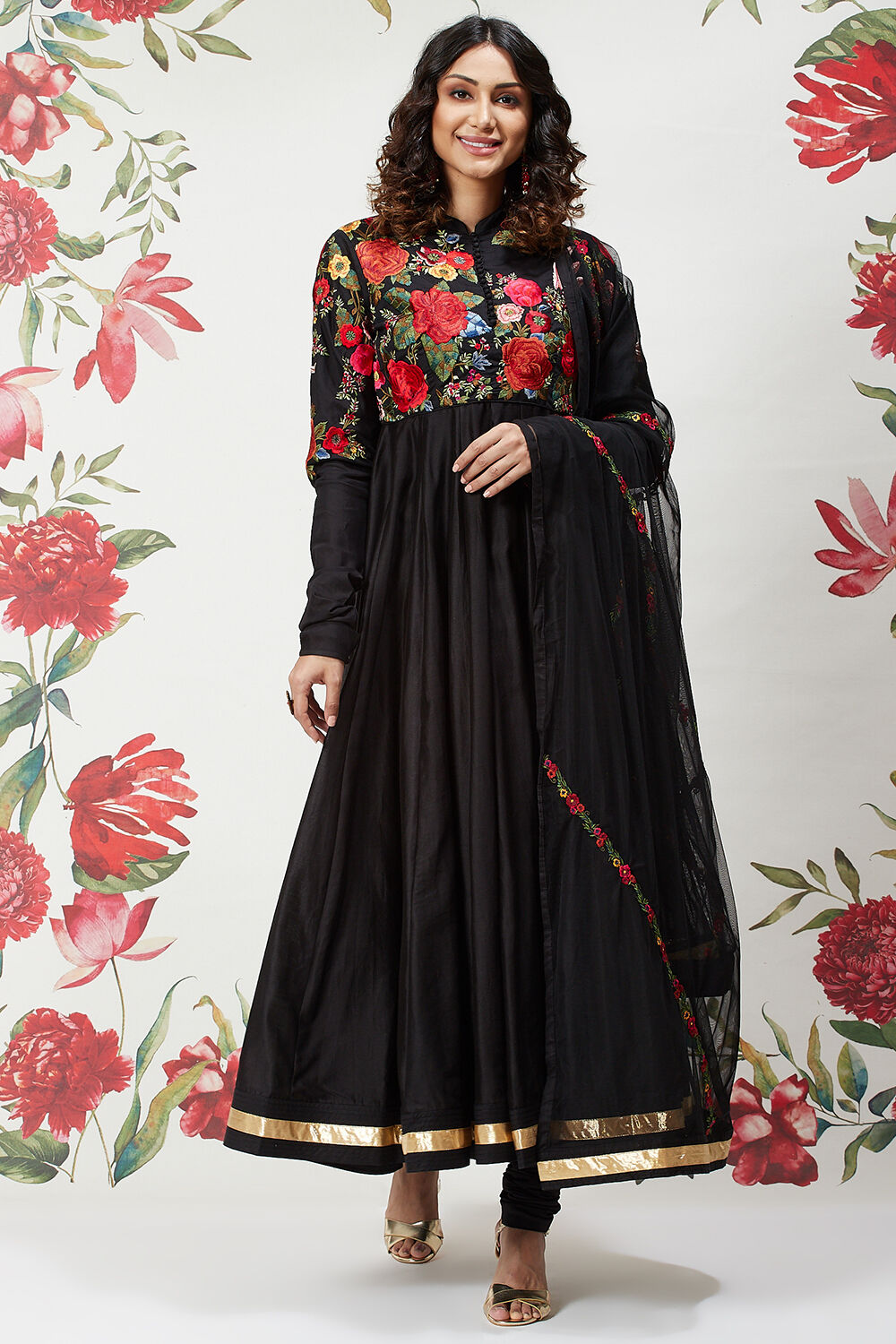 Rohit Bal Black Cotton Silk Anarkali Embroidered Suit image number 5