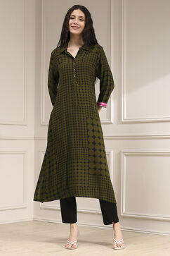Olive Green Printed Straight Kurta image number 5