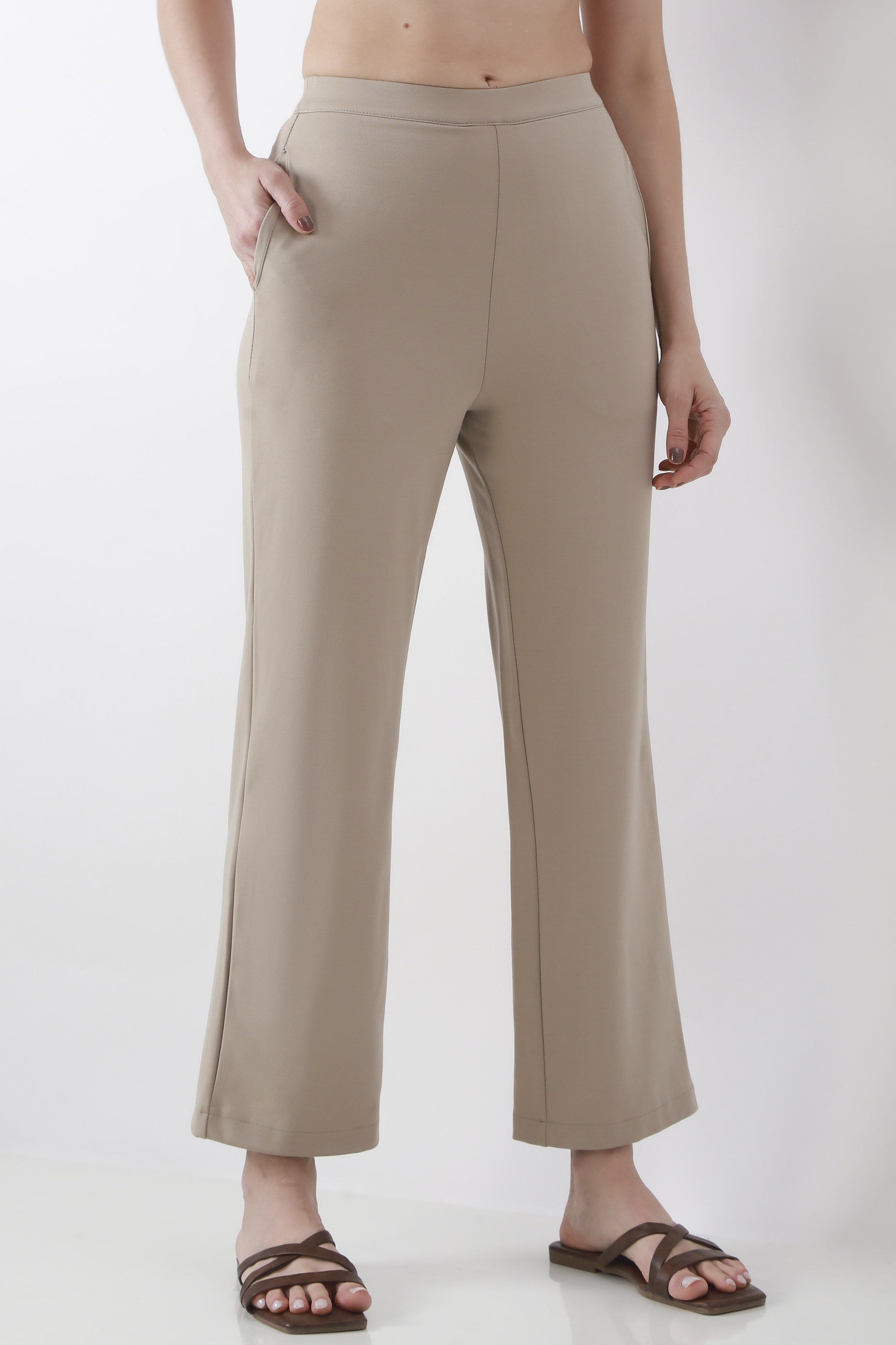 Beige Viscose Blend Wide Leg Pants image number 3