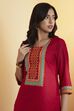 Red Cotton Yoke Printed Straight Kurta image number 1