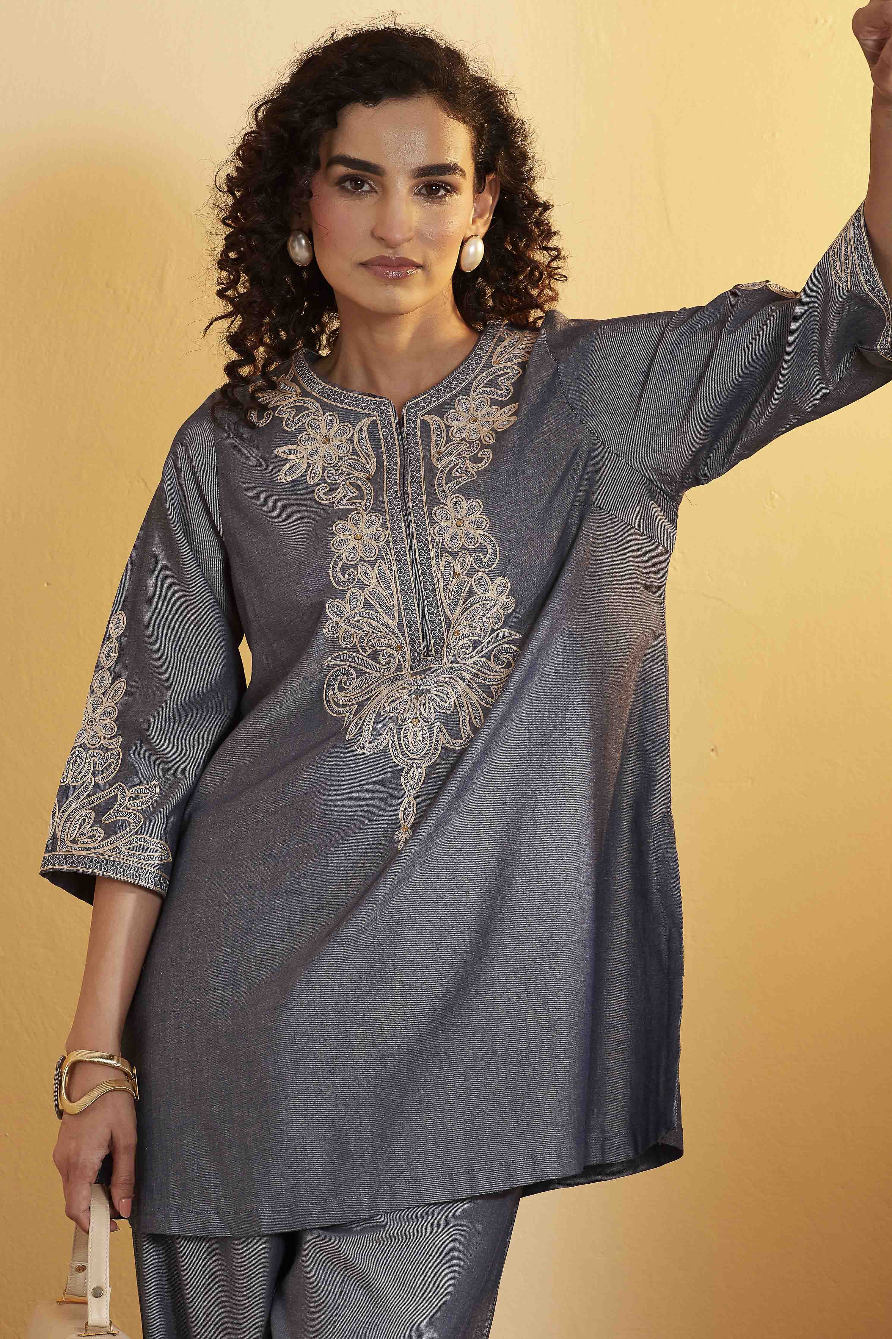 Blue Tencel Straight Suit Set image number 1
