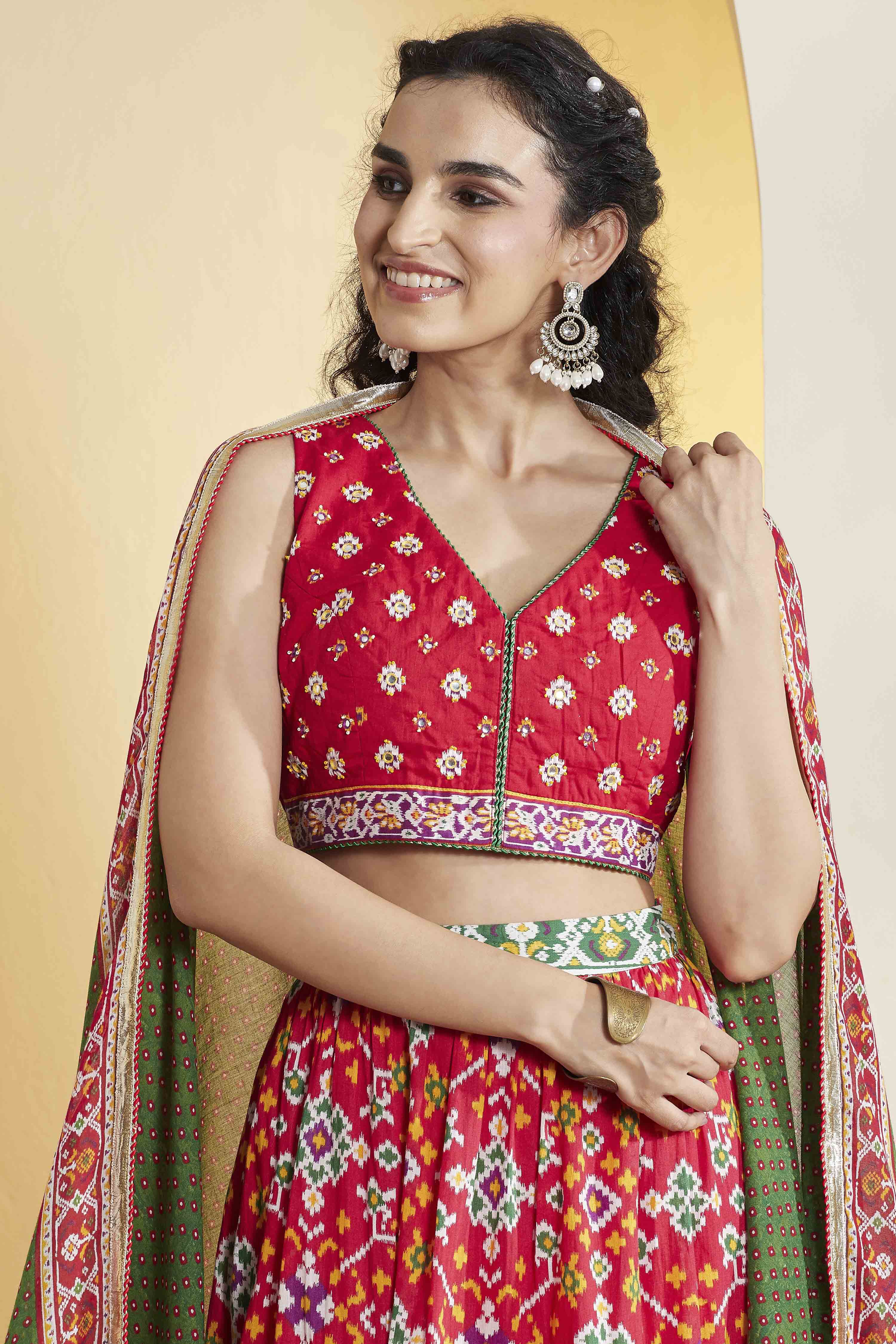Red Cotton Gathered Lehenga Set image number 1