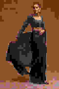 Black Poly Satin Fitted Embroidered Pre-Draped Saree image number 4