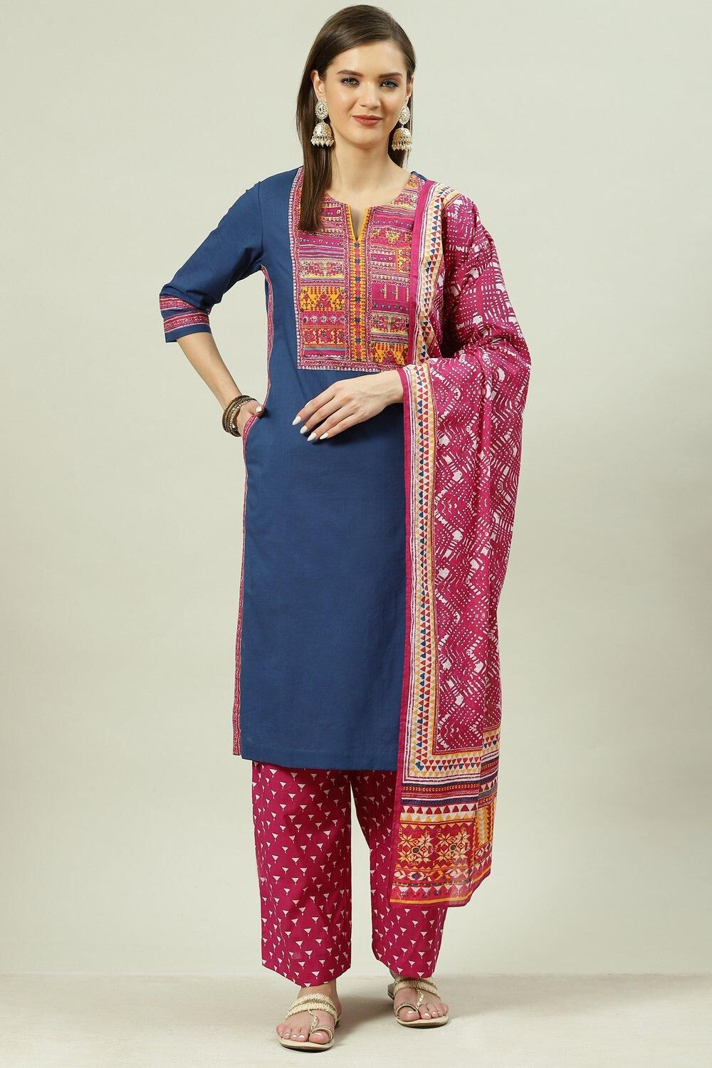 Blue Solid Cotton Straight Kurta Palazzo Suit Set image number 0