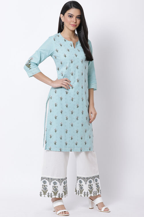 Sea Green Cotton Straight Kurta Palazzo Suit Set image number 3