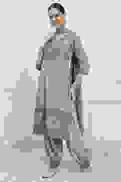 Grey Poly Crepe Digital Print Unstitched Suit Set image number 4