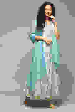 Off White Linen Anarkali Kurta Churidar Suit Set image number 6