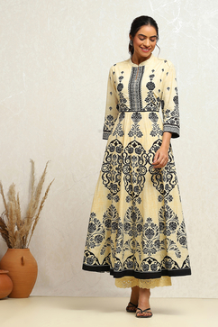 Ecru Cotton Printed Anarkali Kurta Set image number 0