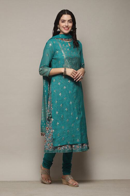Off White Cotton Layered Printed Kurta Churidar Suit Set image number 6
