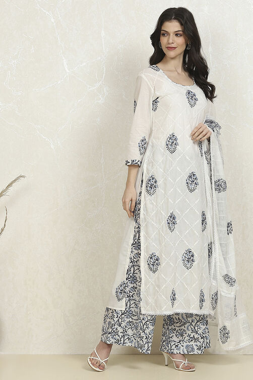 White and Blue Cotton Printed Unstitched Suit Set image number 6