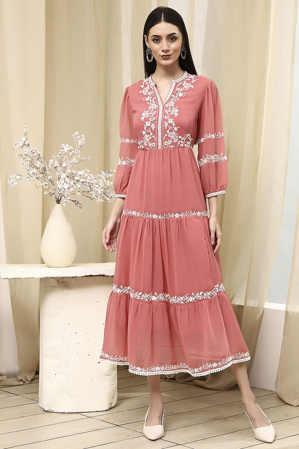 Light Pink Embroidered Tiered Dress image number 5