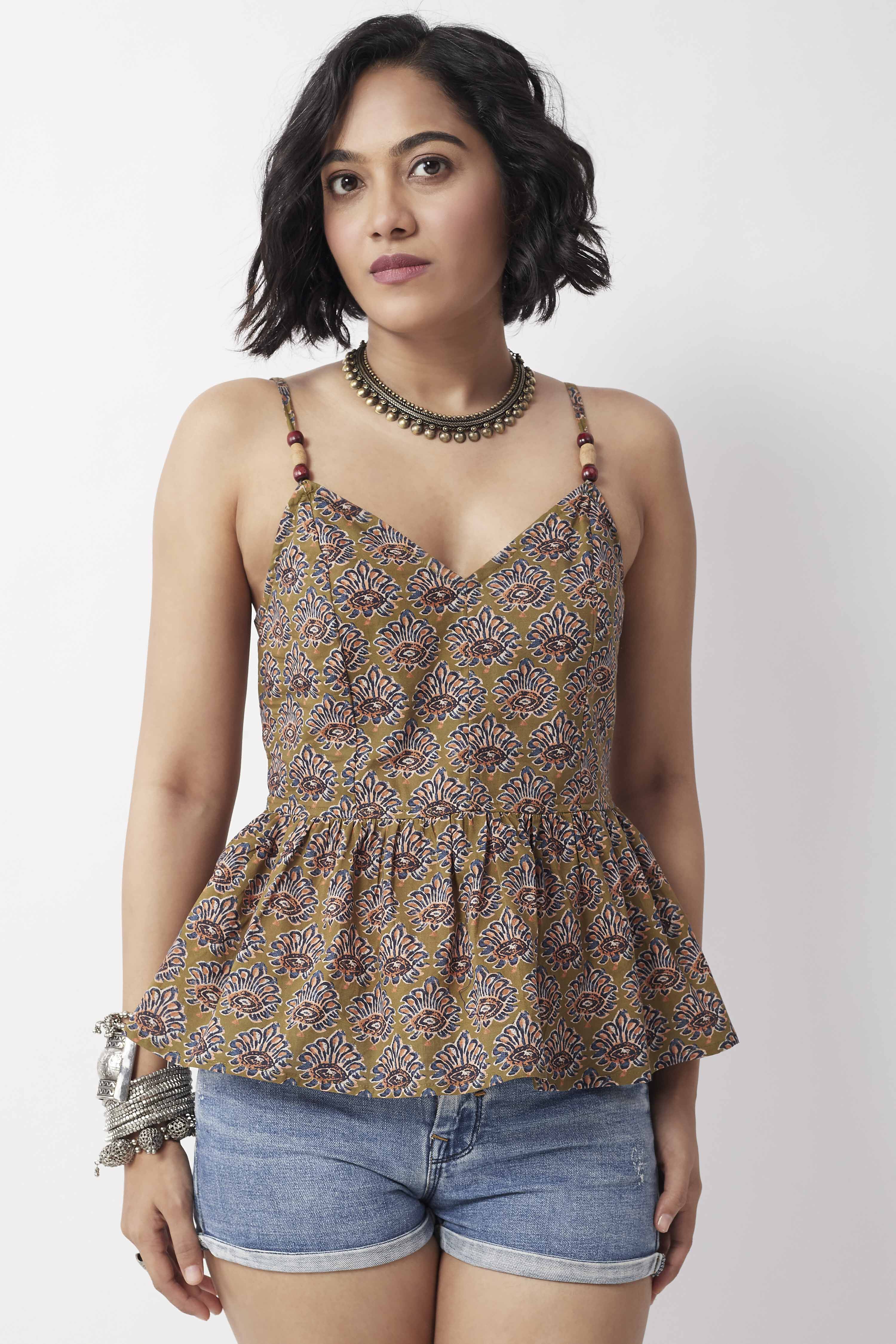 Olive Green Cotton Floral Printed Peplum Top image number 7