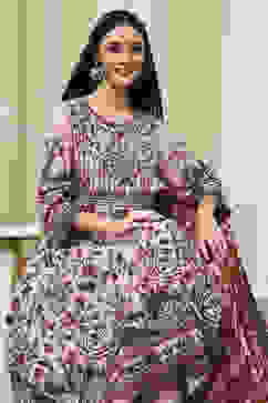 Beige Cotton Printed Anarkali Suit Set image number 0