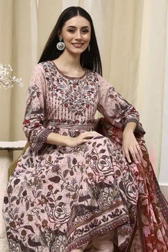 Beige Cotton Anarkali Kurta Churidar Suit Set image number 0