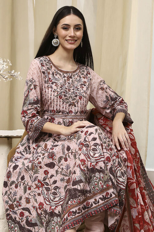 Beige Cotton Anarkali Kurta Churidar Suit Set image number 0