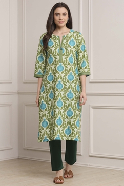Cream-Colored Cotton Printed Straight Kurta