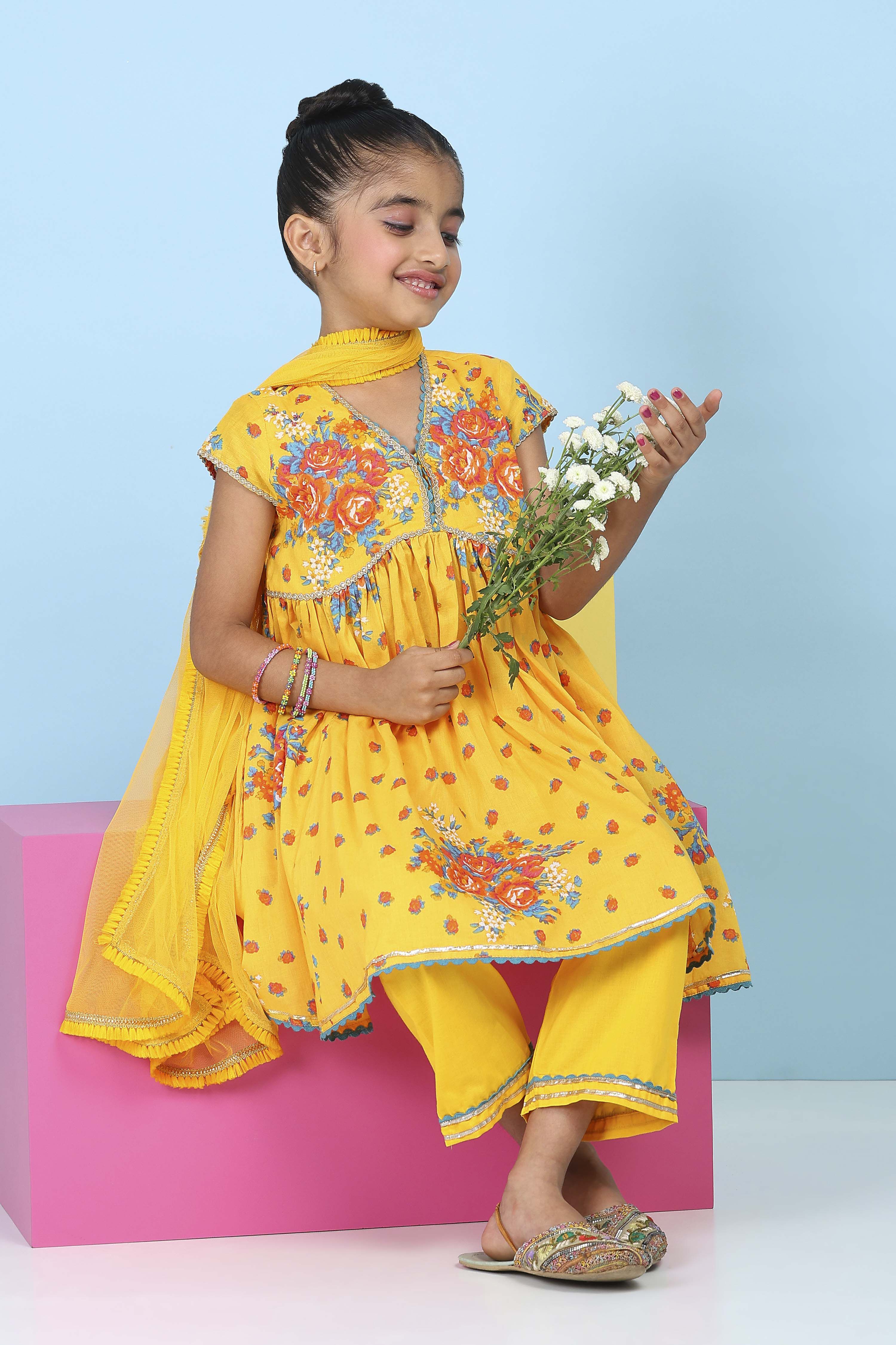 Yellow Cotton Printed Anarkali Suit Set image number 0