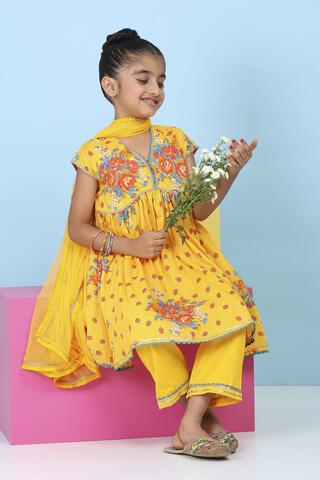 BIBA Yellow Cotton Printed Anarkali Suit Set in Yellow