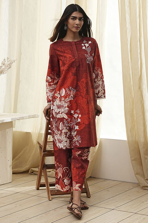 Rust Cotton Floral Straight Kurta Set image number 0