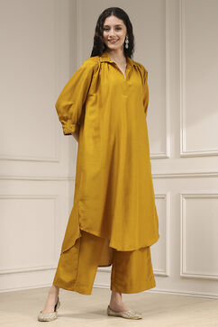 Ochre Yellow Polyester A-Line Dyed Kurta Pants Set image number 5