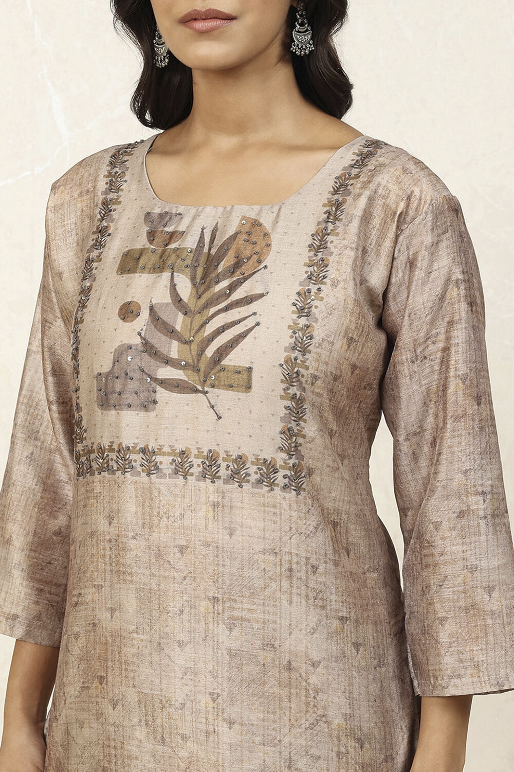 Peach Silk Blend Printed  Embroidered Unstitched Suit Set image number 2