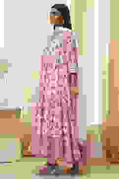 Off-White and Pink Cotton Floral Tiered Suit Set image number 3