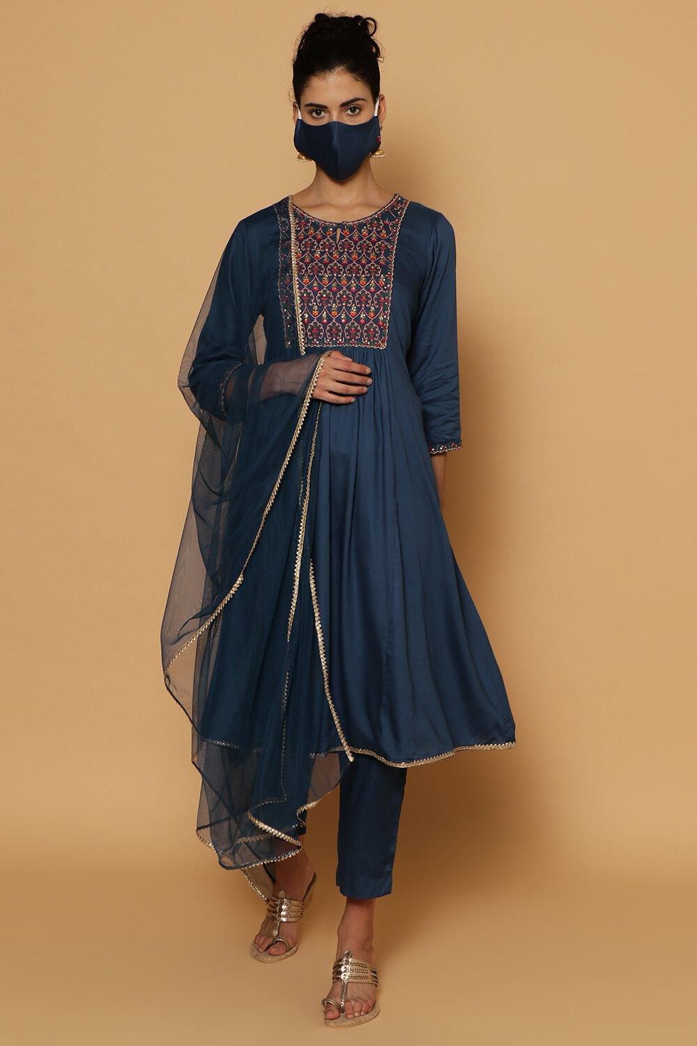 Blue Rayon Kalidar Kurta Pants Suit Set image number 4