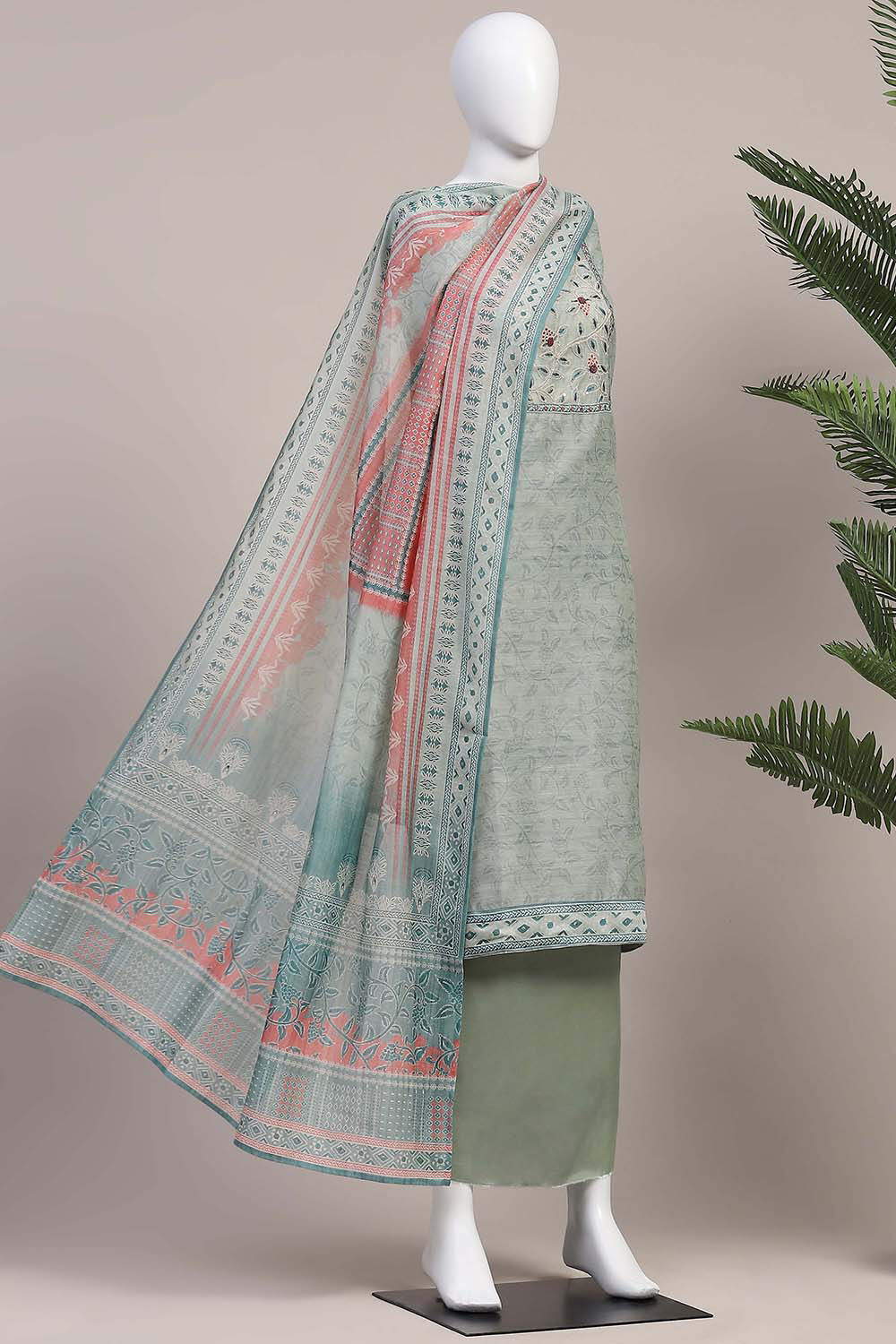 Teal Chanderi Hand Embroidered Unstitched Suit Set image number 4