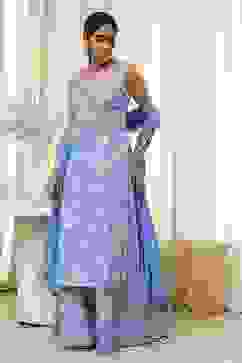 Blue Cotton Floral Strappy Straight Suit Set image number 3