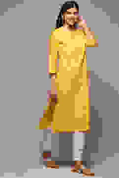 Yellow Cotton Straight Kurta image number 3