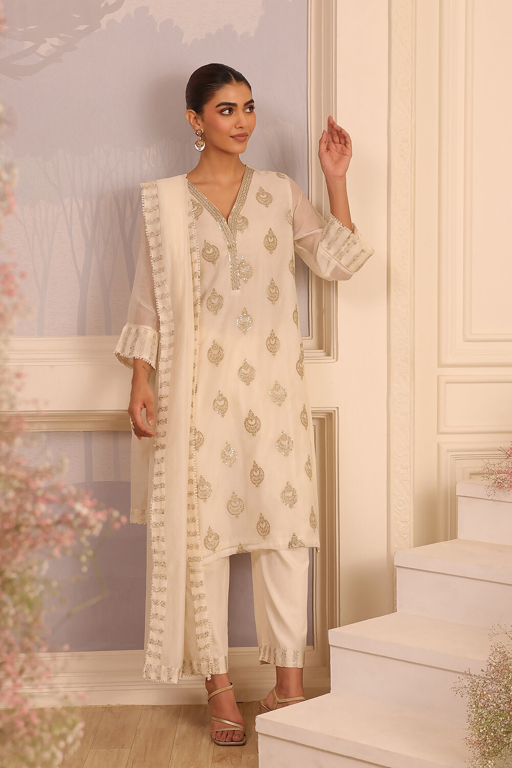 Off-White Chanderi Embroidered Straight Suit Set image number 6